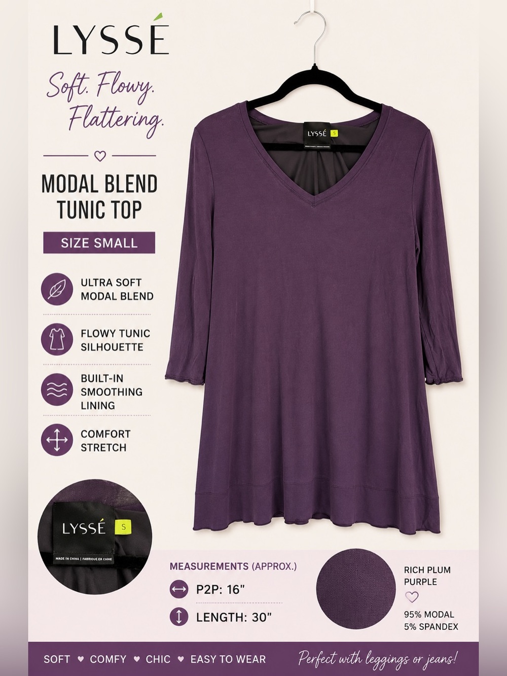 Lyssé Purple Modal Blend Tunic Top Size Small